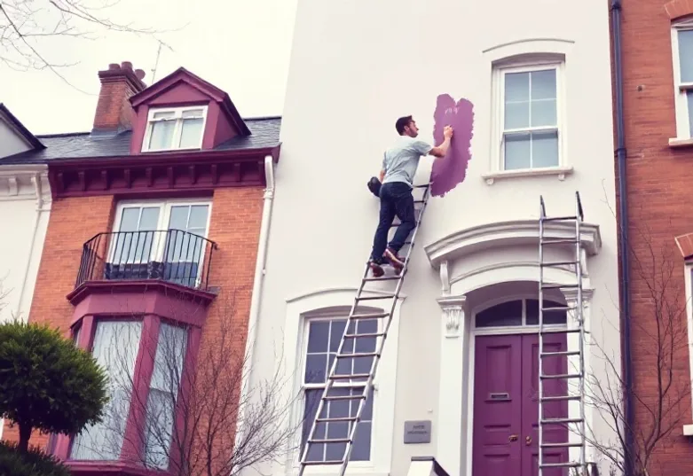 Peintre sur échafaudage traitant la façade d'une maison
